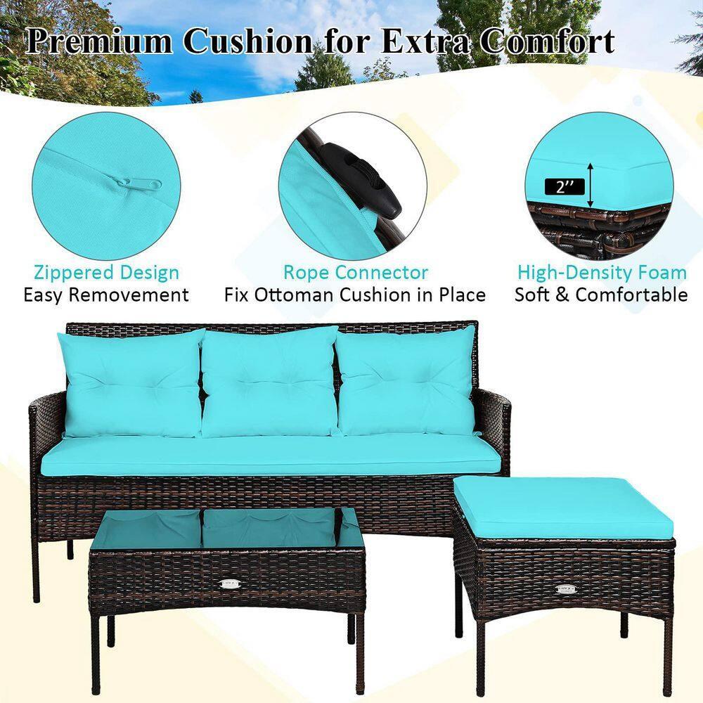 Valita 3-Piece Outdoor PE Rattan Furniture Set Patio Black Wicker Conversation Loveseat Sofa Sectional Couch Turquoise Cushion
