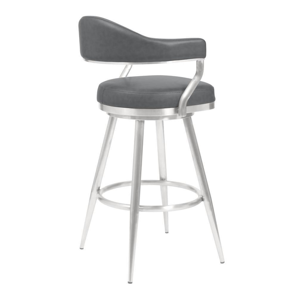 Homestock Baroque Bonanza 30" Bar Height Barstool in Brushed Stainless Steel and Gray Faux Leather
