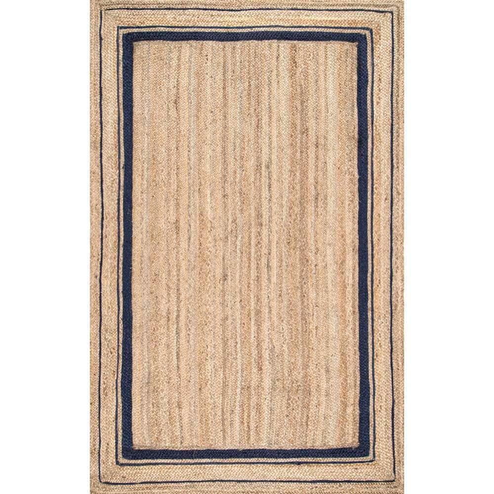 Nuloom Rikki Bordered 4x6 Jute Indoor Area Rug for Dining Room Rug Neutral Rug Living Room Rug Kitchen, Navy/Natural