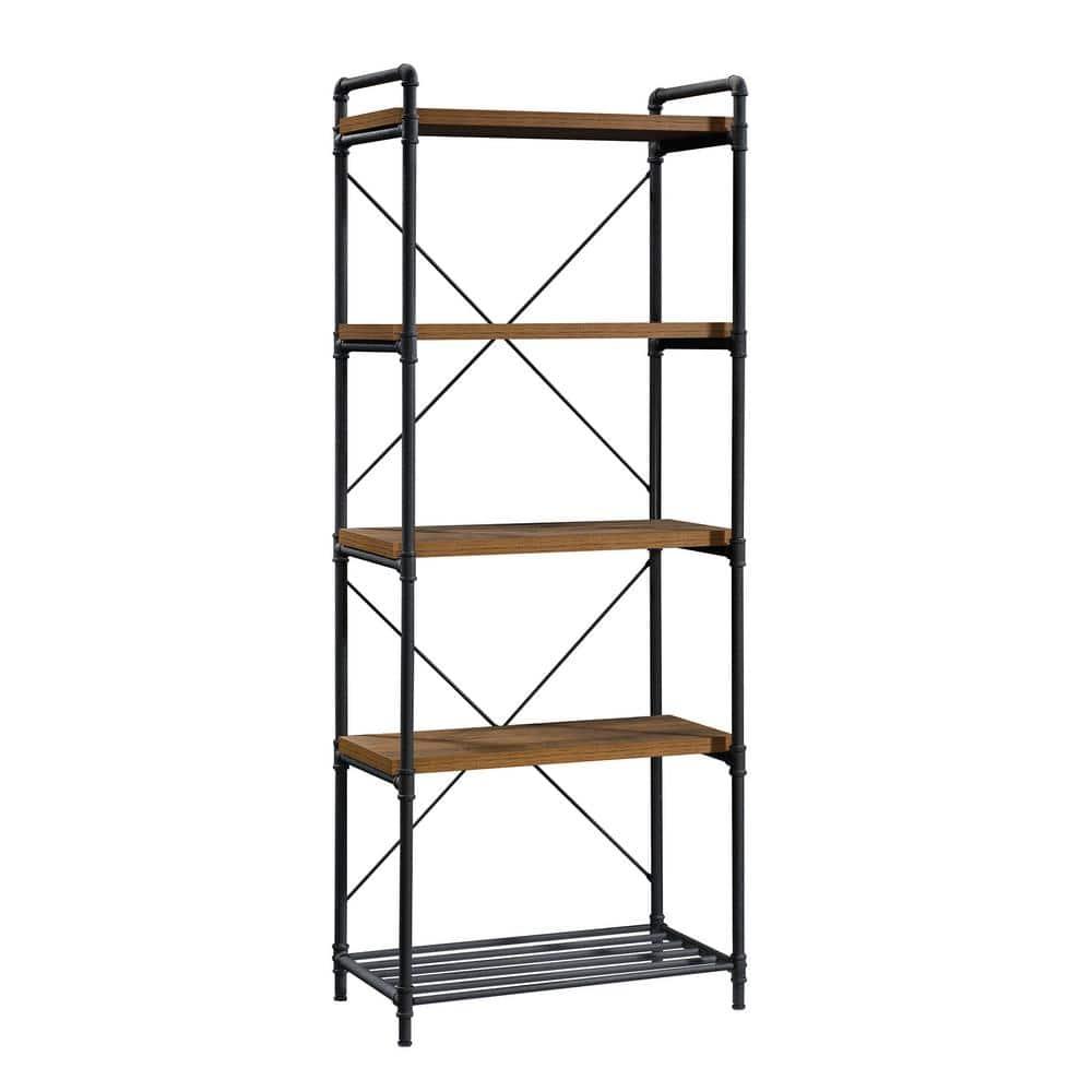 76" Tall Iron City Bookshelf Checked Oak - Sauder: 5-Shelf Metal Frame, Farmhouse Style, Rustic Storage: Vertical Shelving Unit