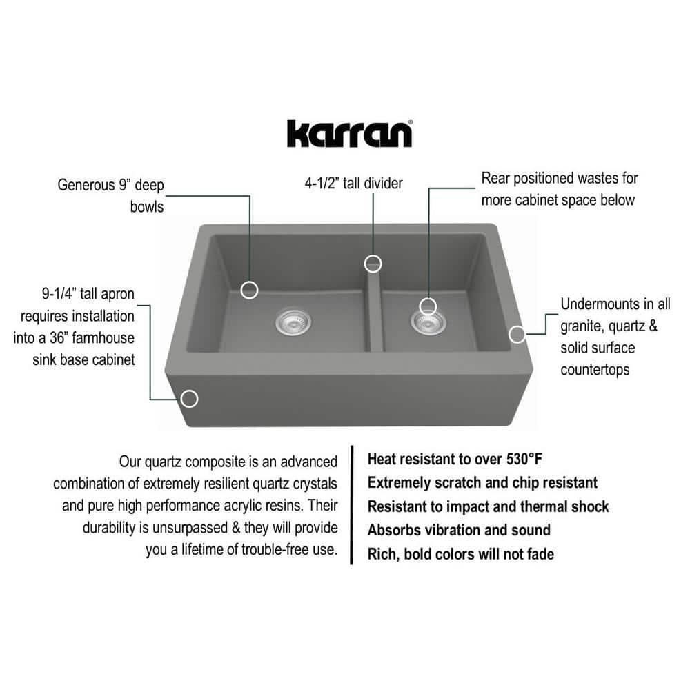 Karran Quartz 34'' X 21-1/4'' 60/40 Double Bowl Farmhouse/Apron Front Kitchen Sink Kit