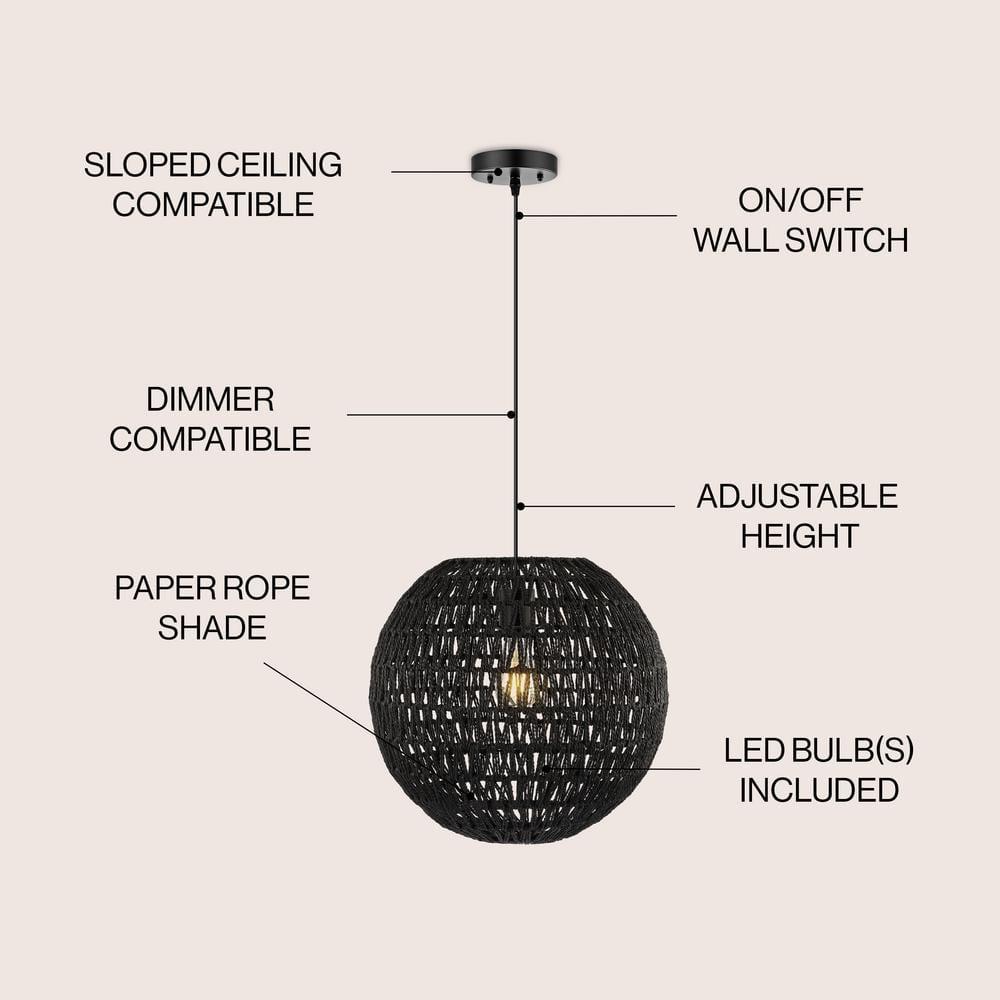 Luna 15.75" 1-Light Bohemian Modern Woven Rattan/Iron LED Pendant, Black