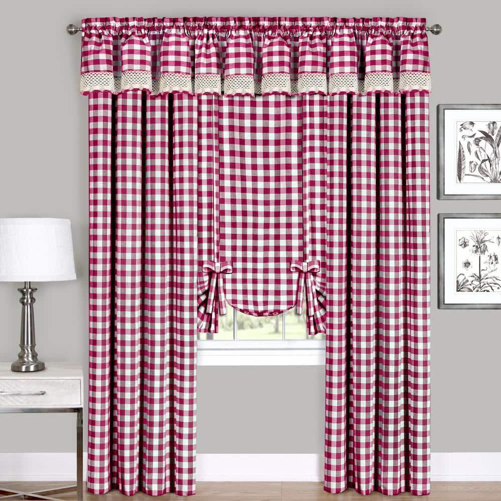 Buffalo Check Plaid Gingham Tie-Up Window Single Curtain, 42" x 63", Burgundy