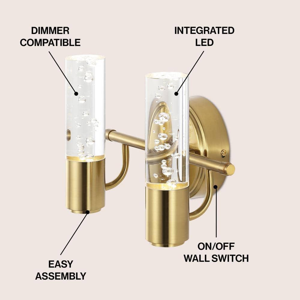 10.75" 2-Light Bolha Minimalist Bubble Acrylic/Iron Wall Sconce Light Brass/Gold - JONATHAN Y: ETL Listed, Modern Vanity Fixture