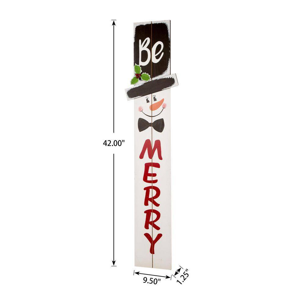 Glitzhome 42" H Wooden Welcome Sign Snowman Vertical Porch Sign Farmhouse Merry Hanging Signs Christmas Decorations for Front Door Wall Display