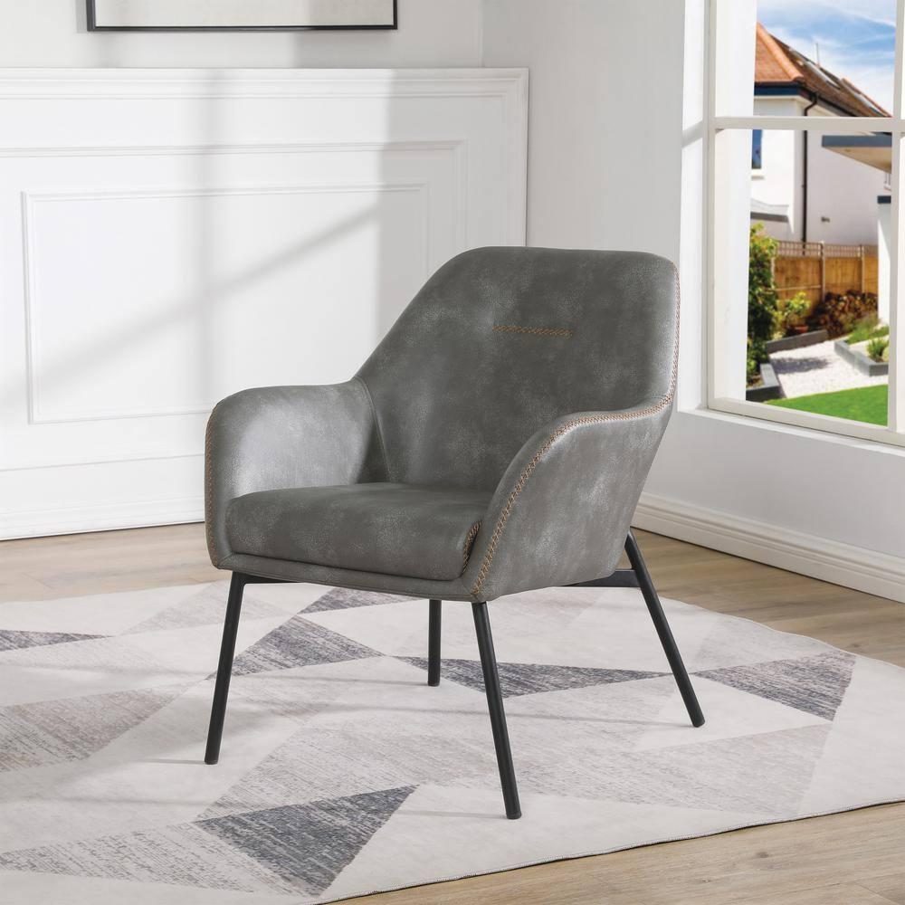 Brooks Accent Chair in Gray Faux Leather with Gold Stitch and Black Legs