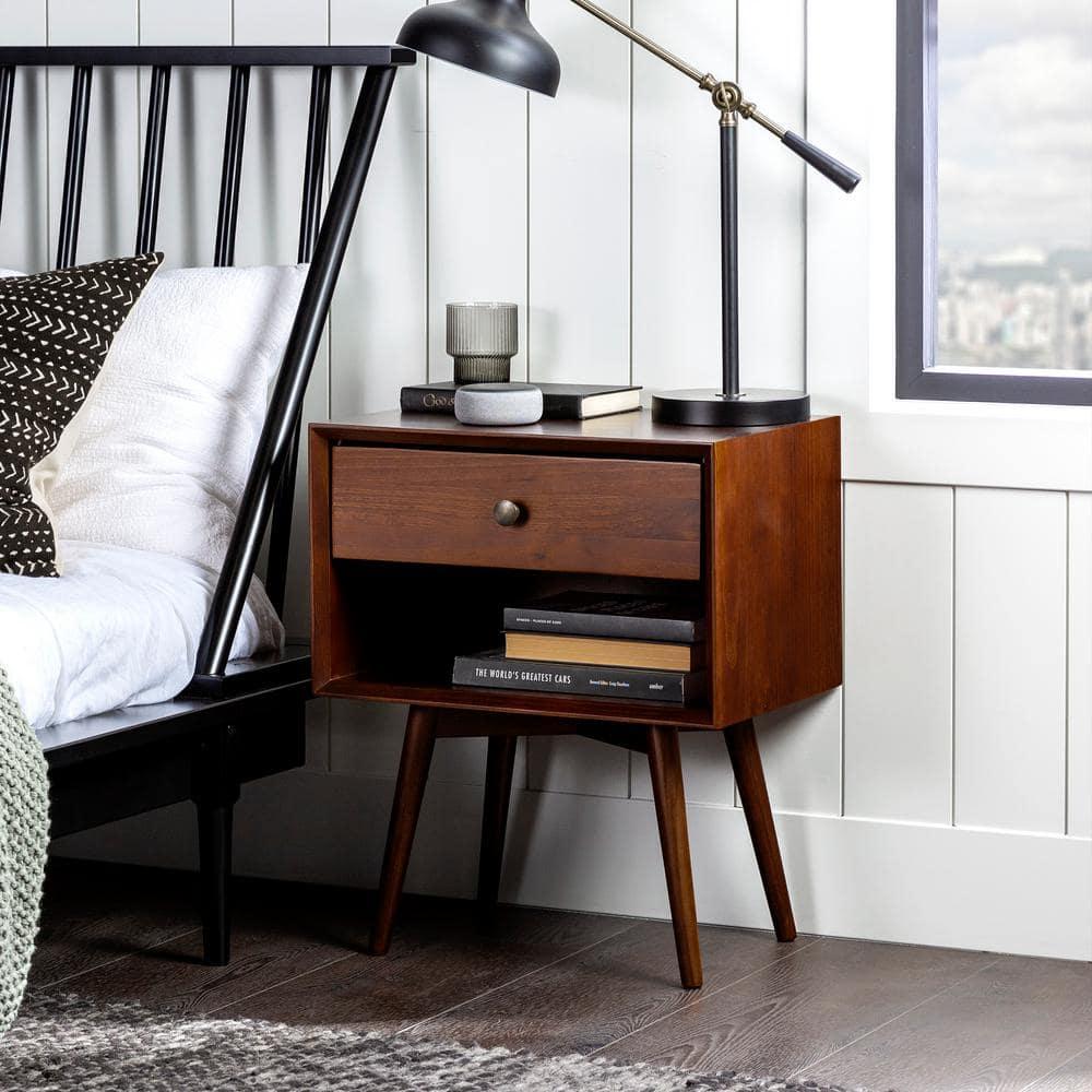 Mid-Century Modern Single-Drawer Solid Wood Nightstand - Walnut