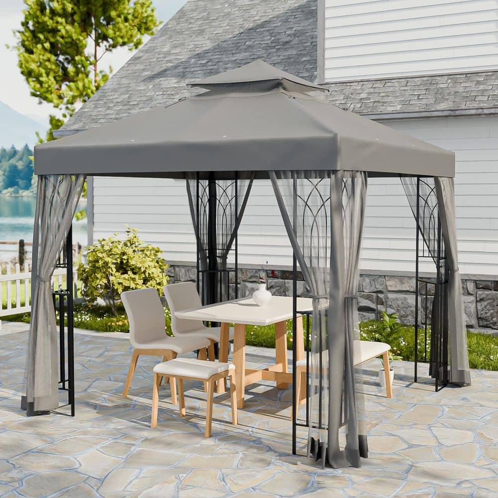 COOS BAY 8 Ft. W x 8 Ft. D Steel Frame Vented Soft Top Patio Gazebo with Mesh Netting, Corner Shelves