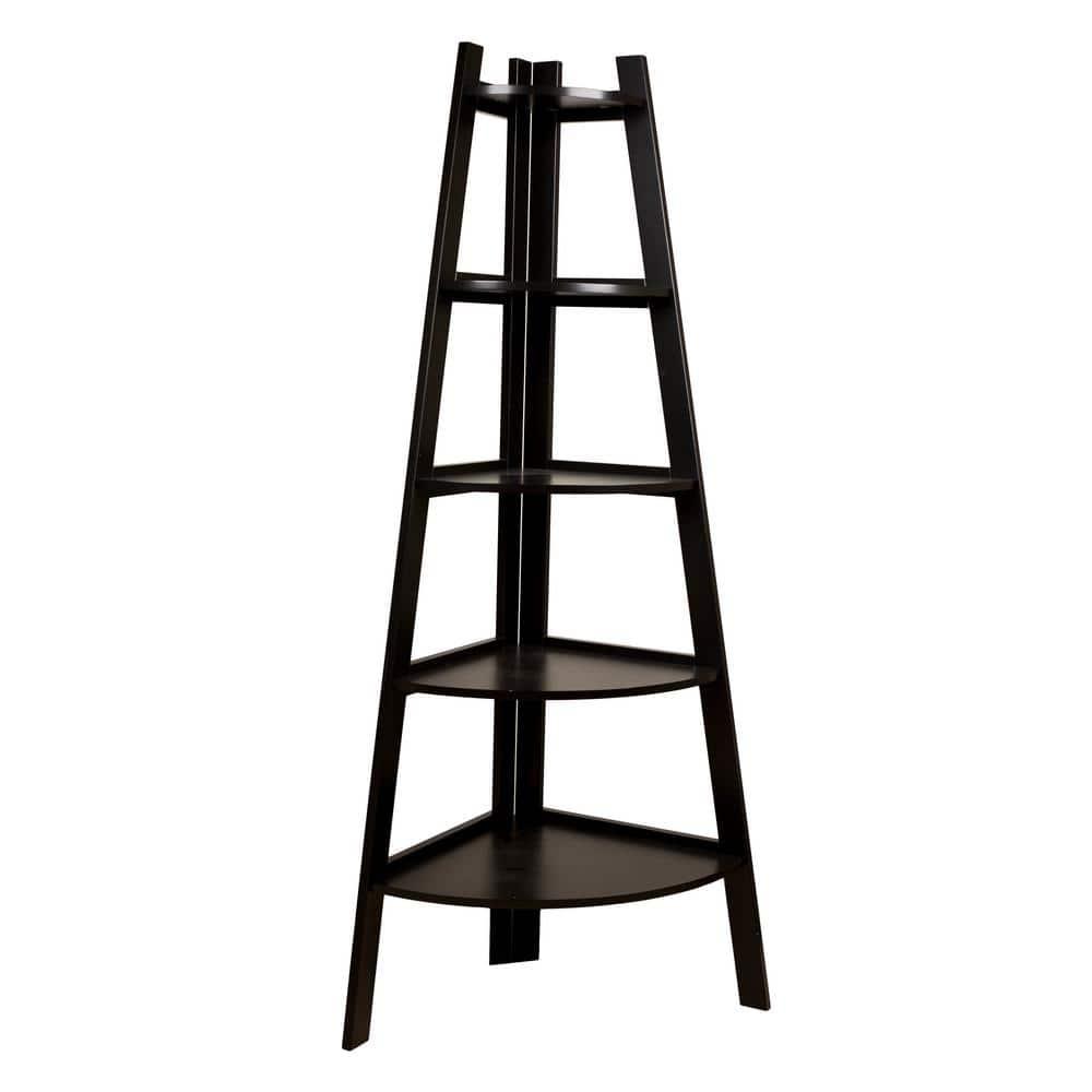 Danya B. 63" x 26.5" Five-Tier Pyramid Corner Ladder Shelf Brown: MDF Wood, Open Back Design, Fixed Shelves