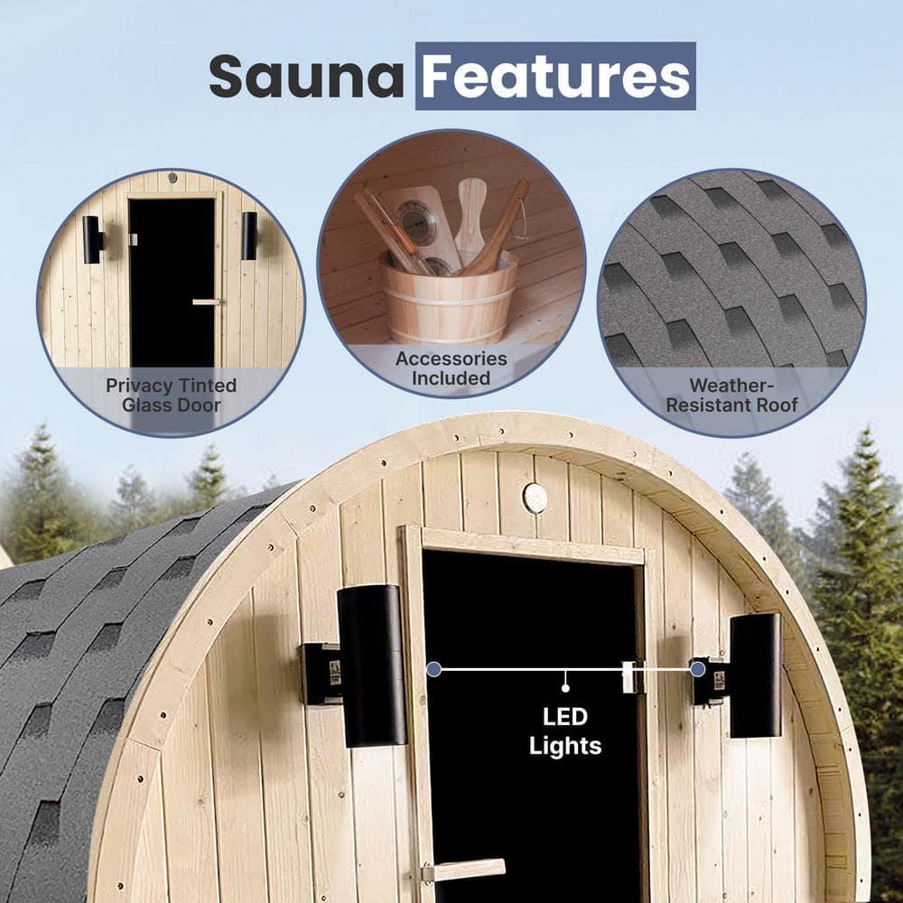ALEKO Outdoor and Indoor White Pine Barrel Sauna - 3-4 Person - 4.5 kW UL Certified Heater - Bitumen Shingle Roofing