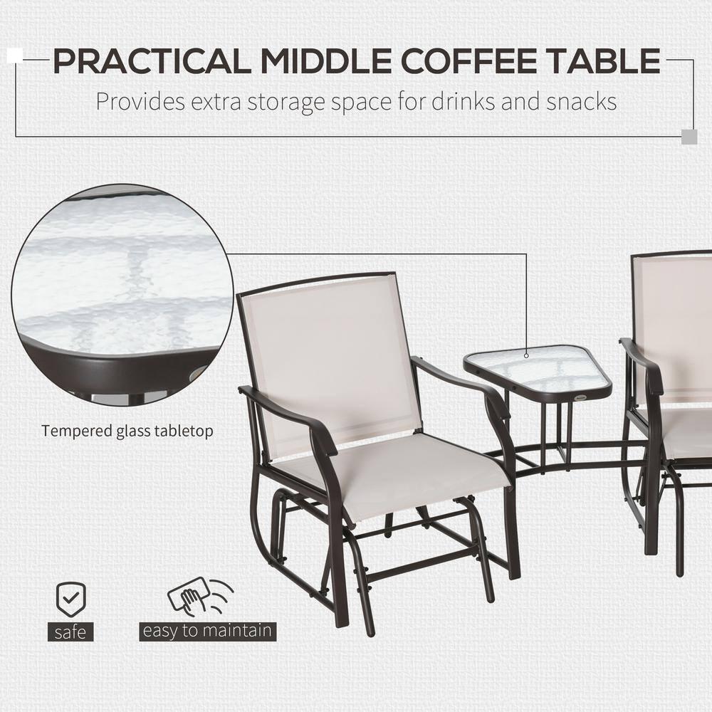 Outsunny Outdoor Glider Chairs with Coffee Table, Patio 2-Seat Rocking Chair Swing Loveseat with Breathable Sling, Beige