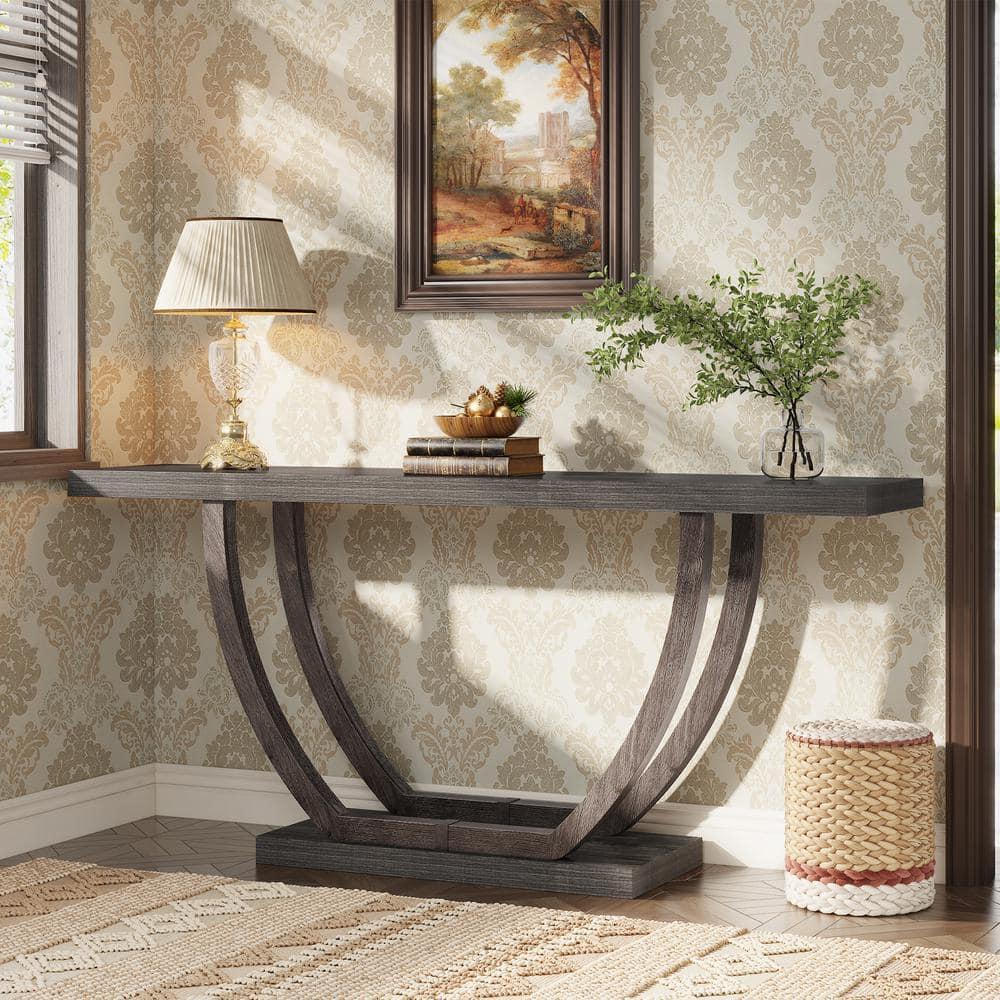 Resenkos Entryway Table, Console Sofa Table,63" Farmhouse Console Table, 2-Tier Entryway Sofa Table Gray