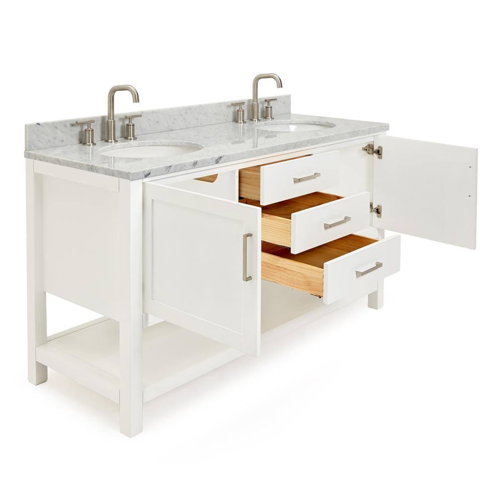 Bayhill 60 in. W x 22 in. D x 35.25 in. H Double Freestanding Bath Vanity in White with Carrara White Marble Top