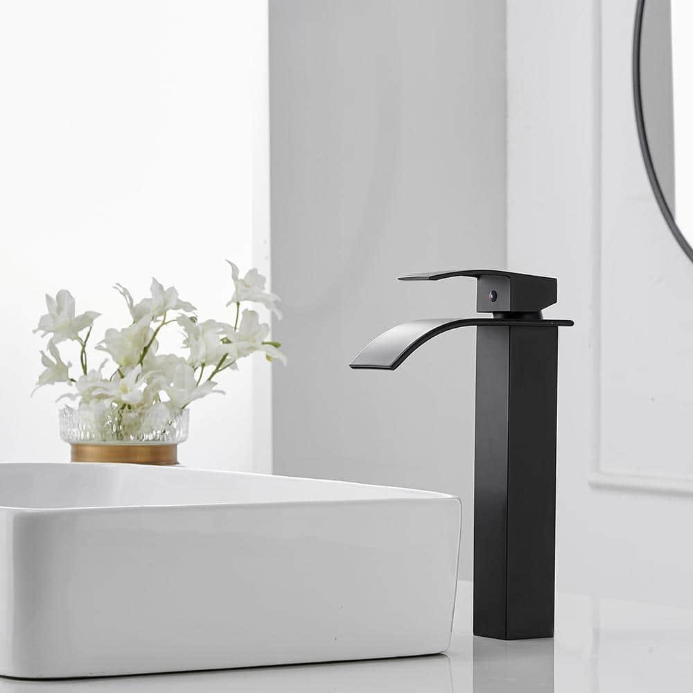 Waterfall Bathroom Faucet Single Handle，Bathroom Sink Faucet 1 Hole，Waterfall Faucet for Bathroom Sink，Vessel Sink Faucet Matte Black Tall Bathroom Faucet