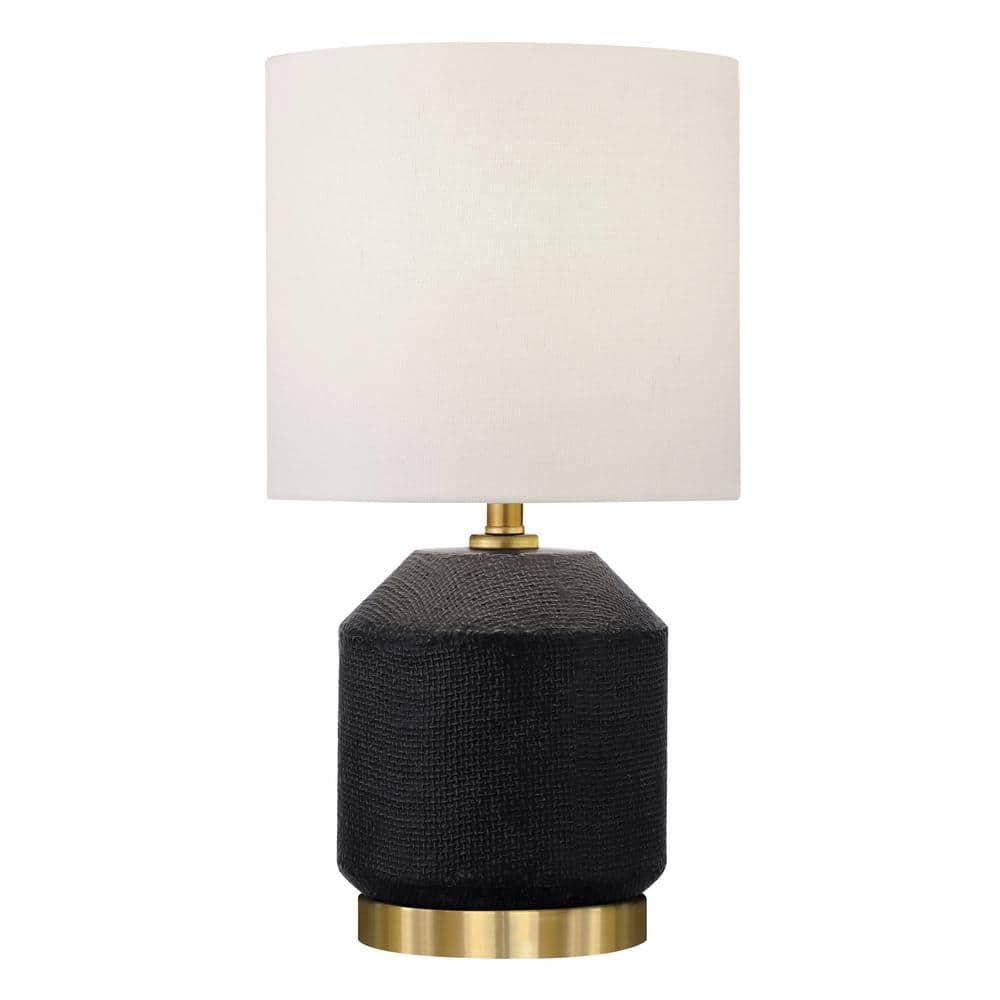 Evelyn&Zoe Esther 15" Tall Textured Ceramic Mini Lamp with Fabric Shade, Matte Black/Antique Brass/White