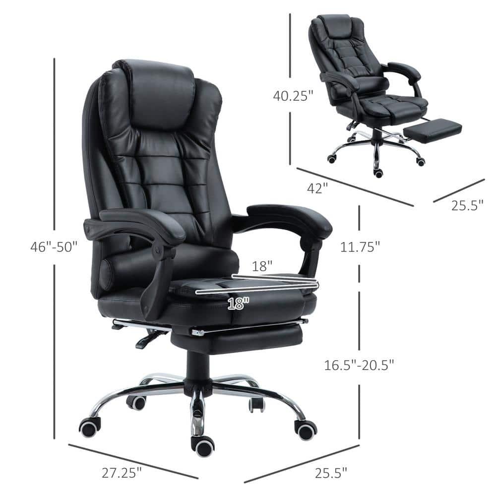 HOMCOM Executive Office Chair with Footrest and Lumbar Support, PU Leather Office Desk Chair, Ergonomic, Reclining and Swivel Chair, Black