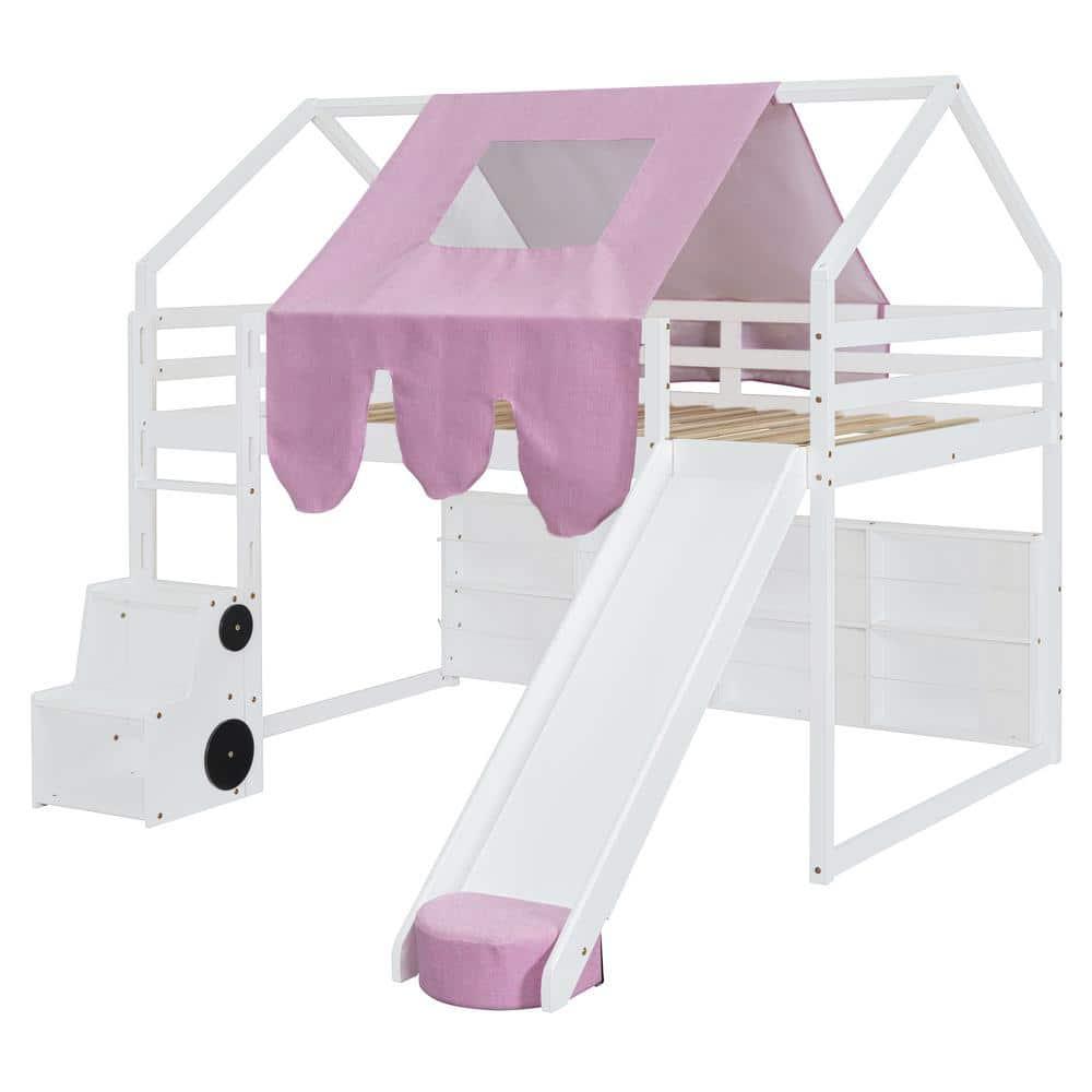 Kumix Full Size Loft Bed with Slide and Tent, House Loft Bed with Car-Shaped Storage and 2 Tier Shelves, Wood Loft Bed with Safety Guardrail & Ladder for Kids Teens Boys Girls, Noise-Free, Pink