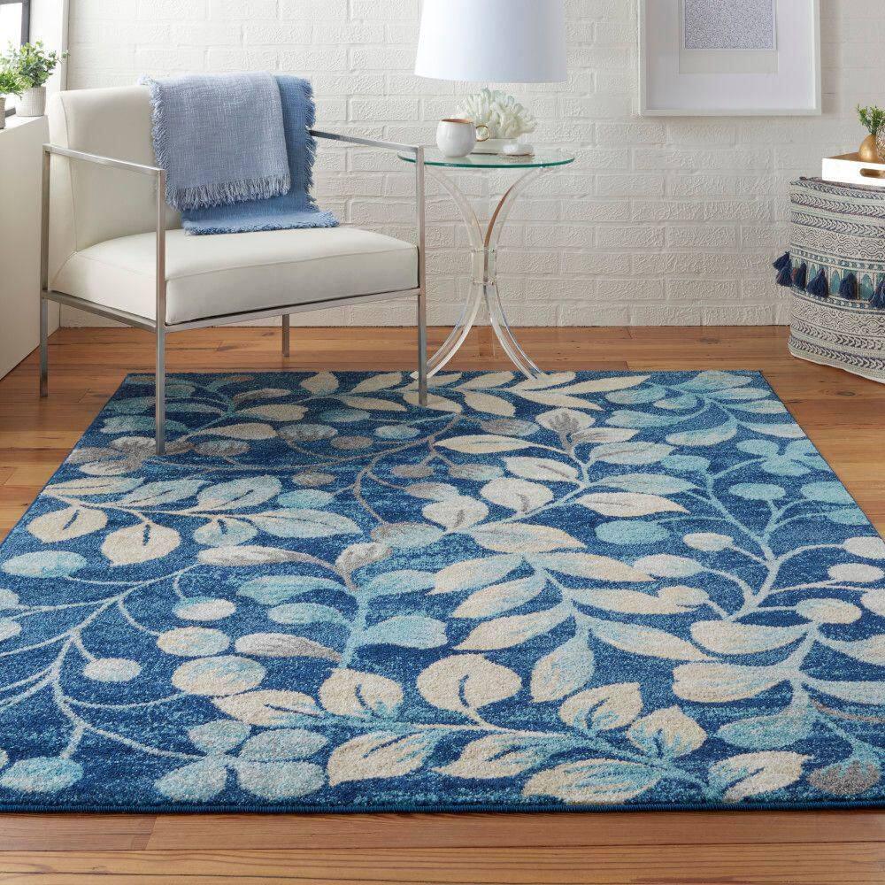 Nourison Tranquil 5'3" X 7'3" (5' x 7') Navy Indoor Area Rug Contemporary Botanical Vine and Bloom by Nourison