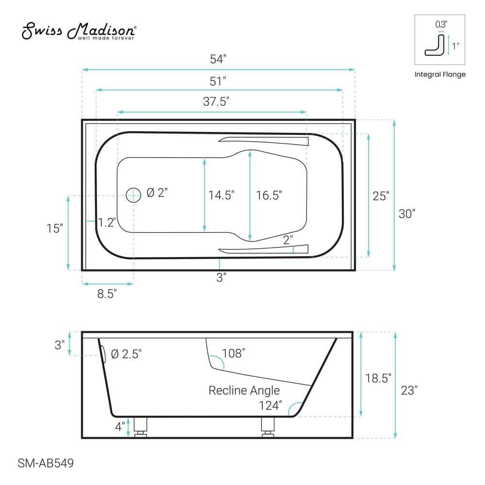 Voltaire 54" x 30" Alcove Bathtub with Apron