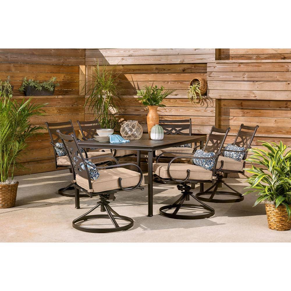 Hanover Montclair 7-Piece Steel Dining Set with 6 Swivel Rockers and Dining Table, Seats 6