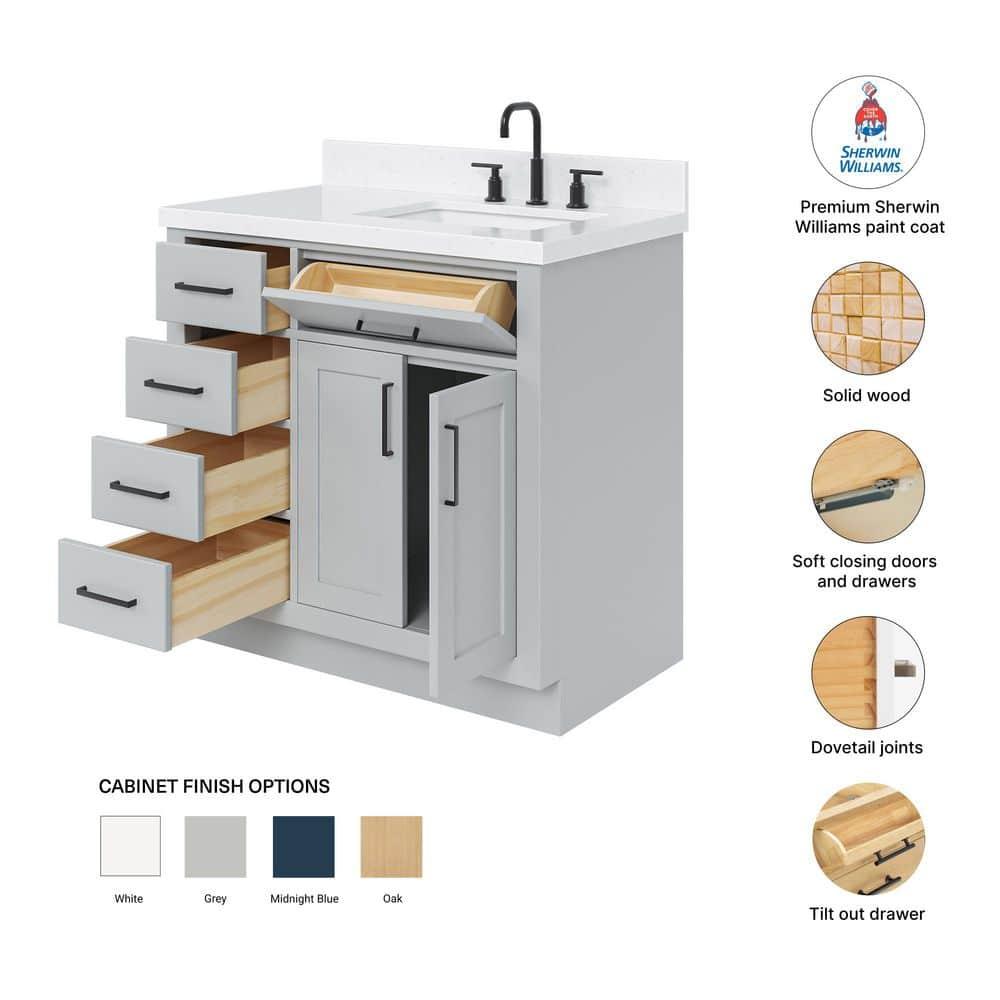 Thornaby 36'' Solid Wood Single Bathroom Vanity with 1.5'' Carrara Quartz Top, Left Offset Oval Sink