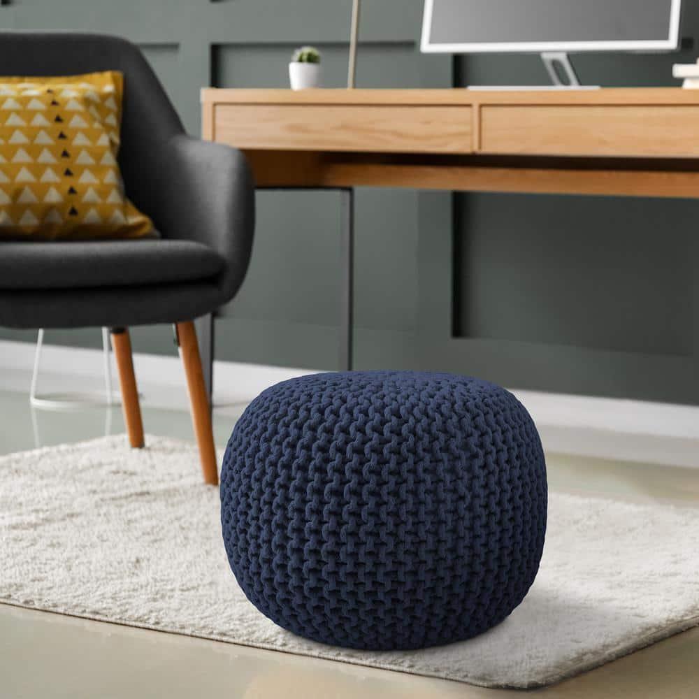 Casafield Round Pouf Ottoman, Navy Blue - 20" Dia x 14.5" High Cotton Knit Foot Stool - Boho Floor Pouffe for Living Room