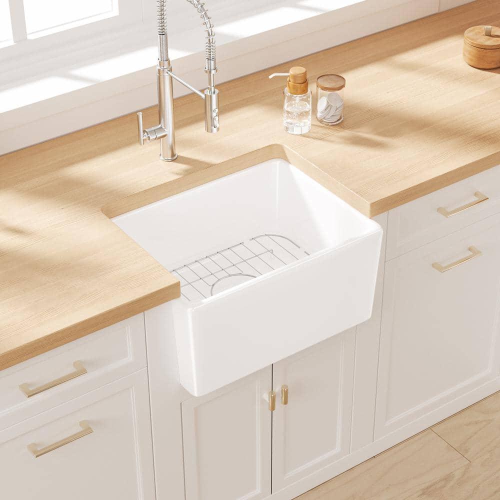 Denbigh 21" L x 16" W Farmhouse Apron-Front Kitchen Sink with Sink Grid and Pop-Up Drain, Laundry Sink