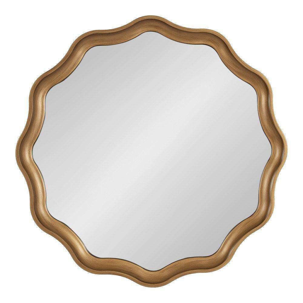 Kate and Laurel Hatherleigh Transitional Round Wooden Wall Mirror, 28 Inch Diameter, Gold, Modern Scalloped Wavy Wood Circle Mirror for Use in Bathroom, Entryway, or Bedroom