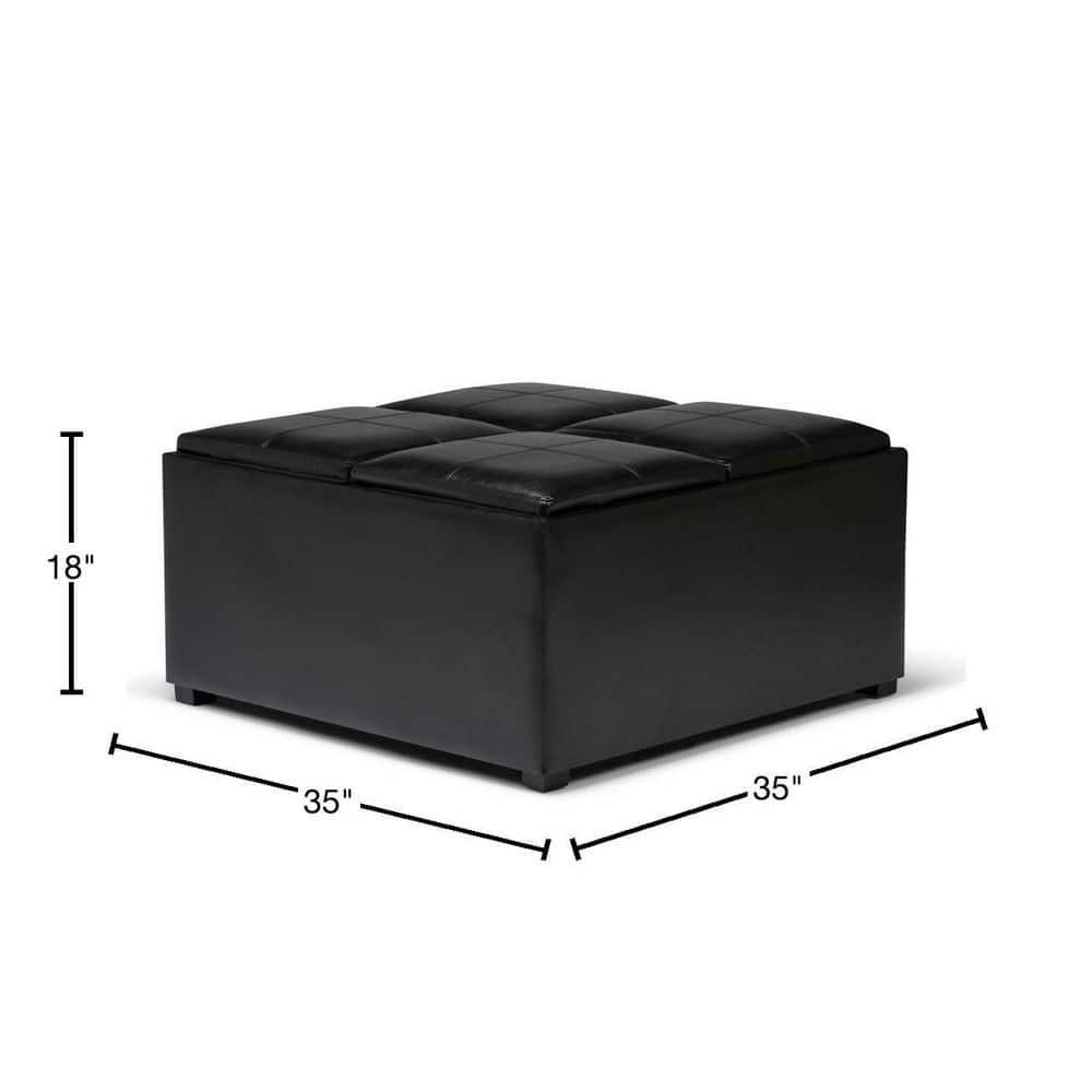 Simpli Home Avalon 35"W Upholstered Square Coffee Table Storage Ottoman with Flip-Over Trays