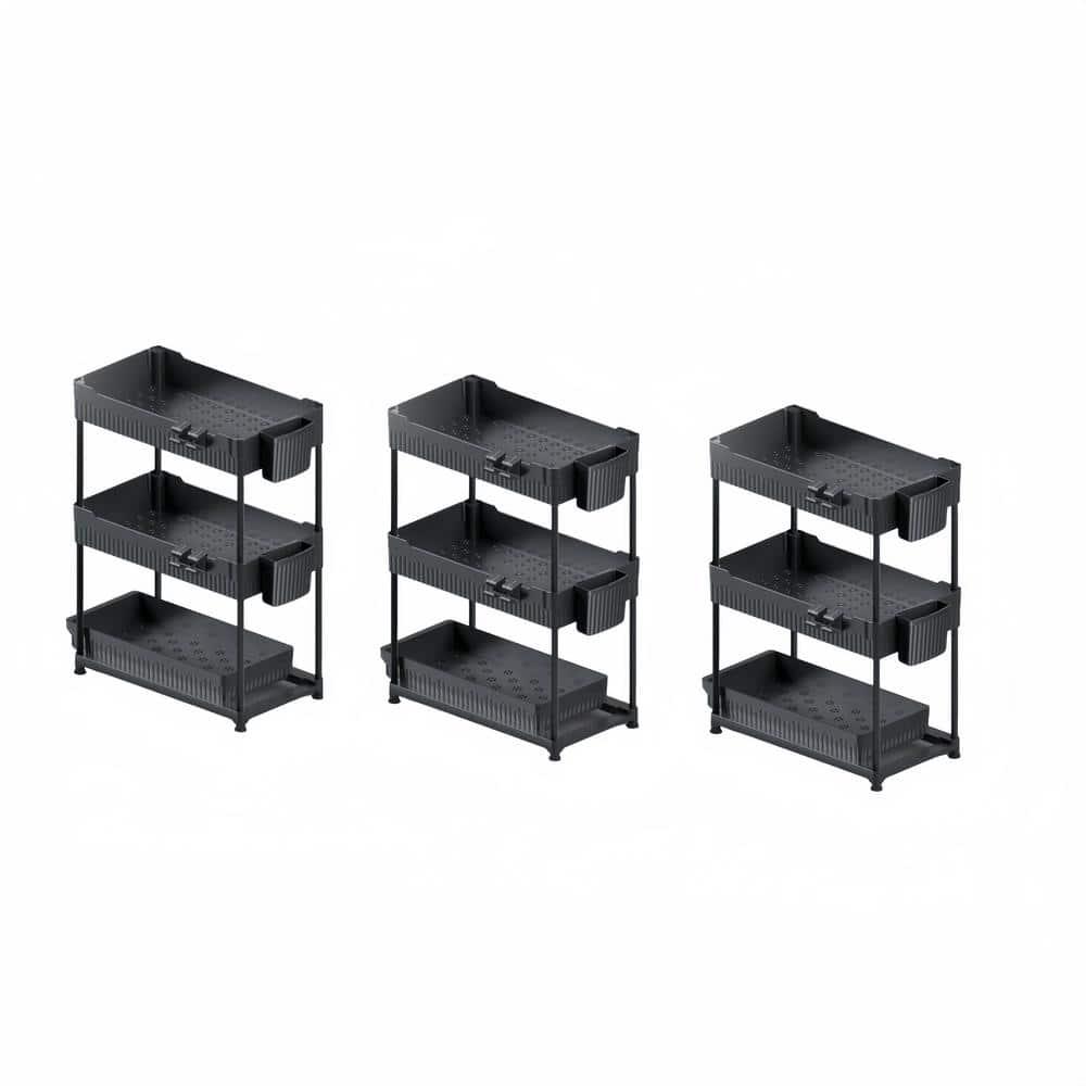 Adeco Trading Under Sink Organizer, 2-Tier Multi-Use Kitchen Bathroom Organizers And Storage With Sliding Drawer，Bathroom Cabinet Organizer (Black, 3 Pack)