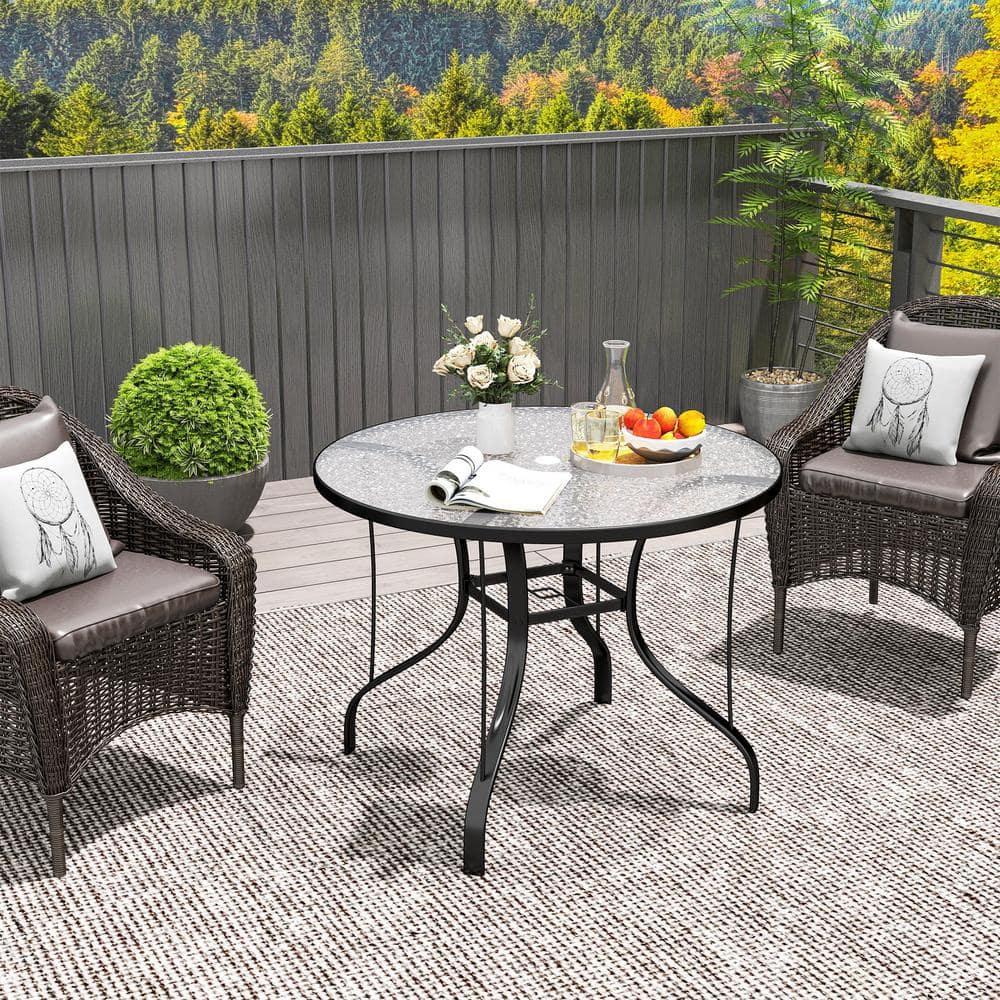 Outsunny 38" Round Patio Table, Outdoor Dining Table Tempered Glass Metal Frame Bistro Table with Umbrella Hole, for Deck, Yard, Balcony, Lawn, Pool