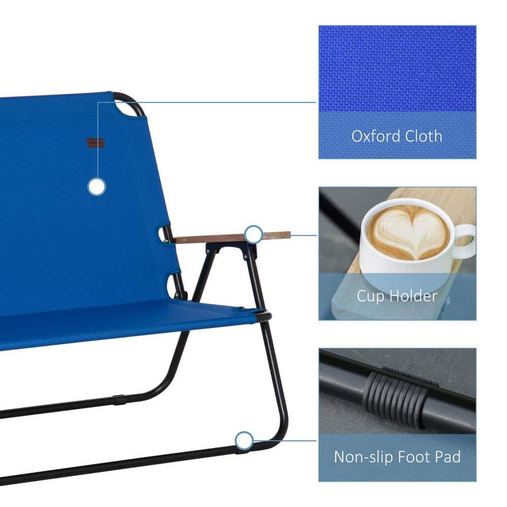 Outsunny Portable Folding Double Camping Chair Cup Holder, Loveseat for 2 Person, Outdoor Chair with Wood Armrest Beach Travel, Blue