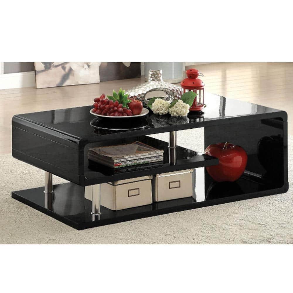 Modern Black Lacquer and Chrome 47'' Rectangular Coffee Table