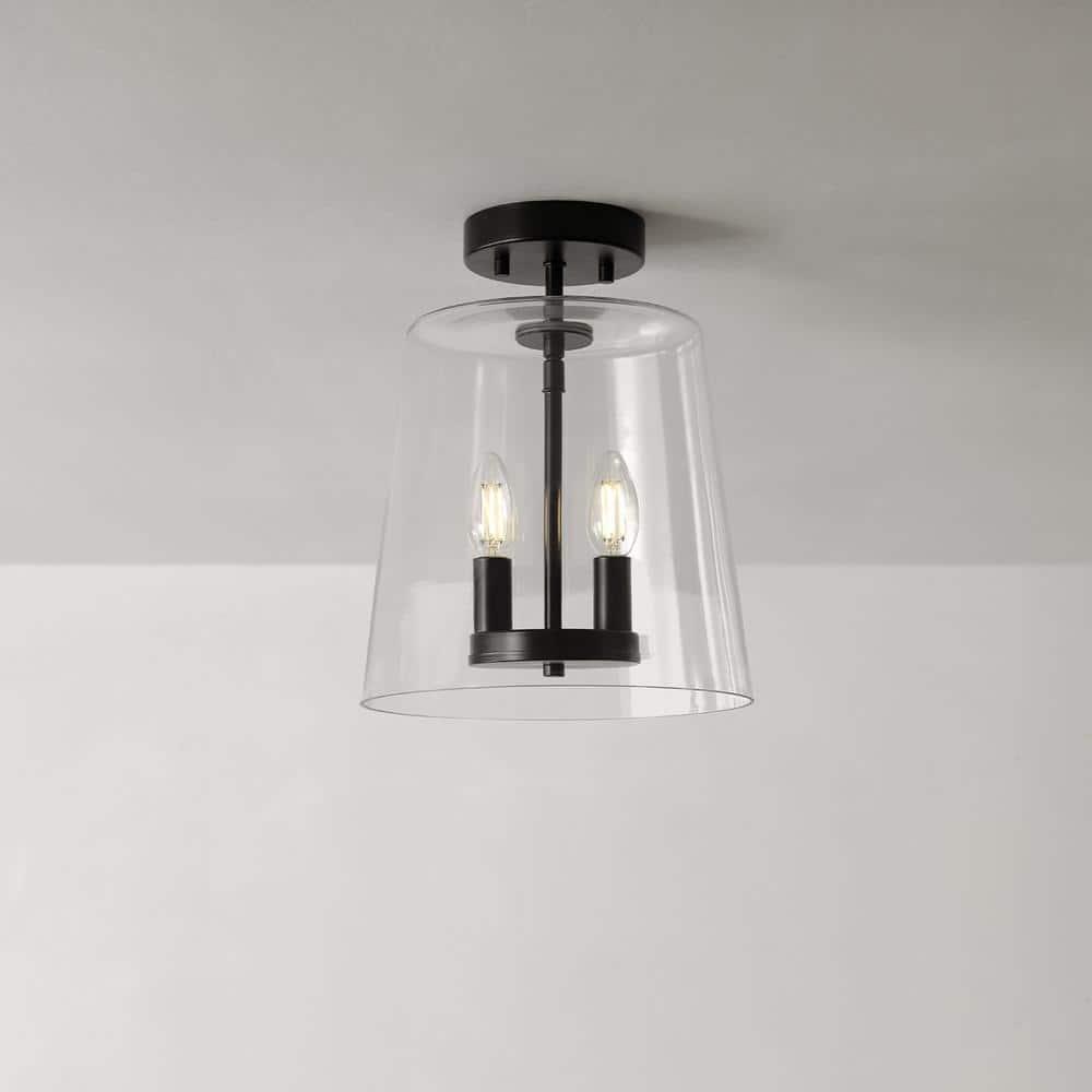 GLOBE Electric 66000083 2-Light Semi-Flush Mount Ceiling Light, Matte Black, Glass Shade, E12 Base Sockets, Ceiling Light Fixture, Home Improvement, Bedroom Lights for Ceiling, Dining Light Fixture