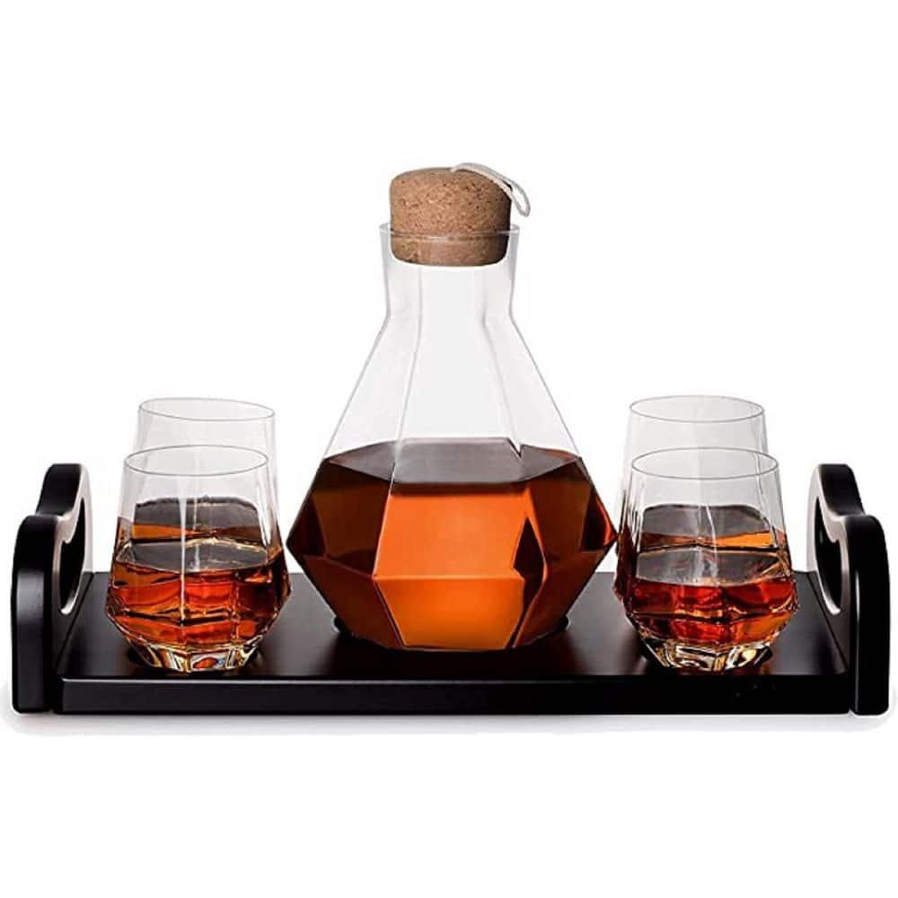 J&V TEXTILES 6-Piece Italian Crafted Glass Decanter & Whisky Glasses Set, Elegant Whiskey Decanter with Ornate Stopper Wooden Base and 4 Exquisite Cocktail Glasses