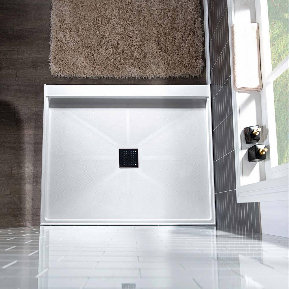 36" Solid Surface Square Single Threshold Shower Pan Base with Drain Assembly & Drain Cover Included, Non-Slip