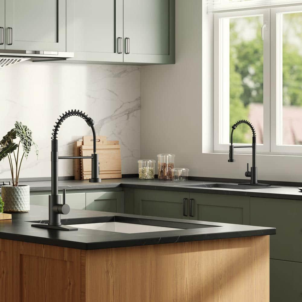 FORIOUS Black Kitchen Faucet with Soap Dispenser, Single Handle Stainless Steel Spring Sink Faucet with Pull Down Sprayer Transitional for Farmhouse Camper Laundry Camper