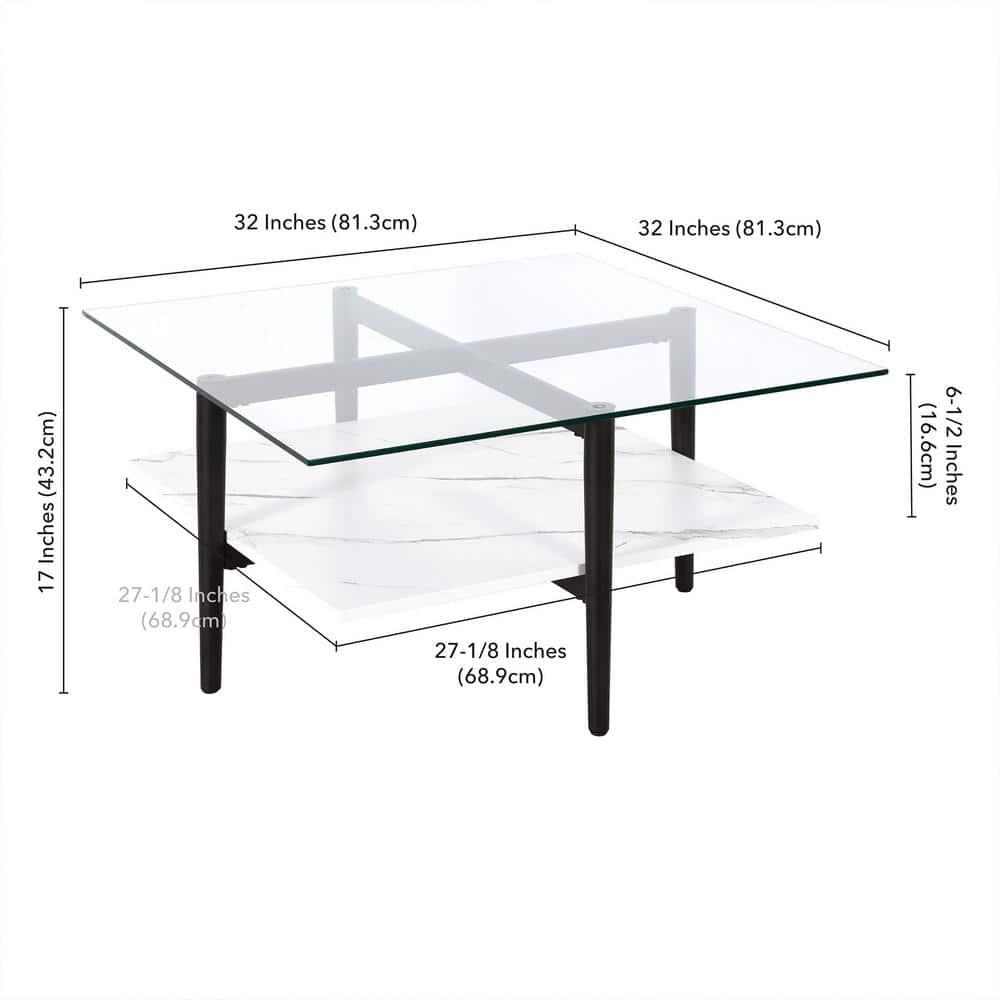 Evelyn&Zoe Otto 32" Wide Square Coffee Table with Faux Marble Shelf, Blackened Bronze