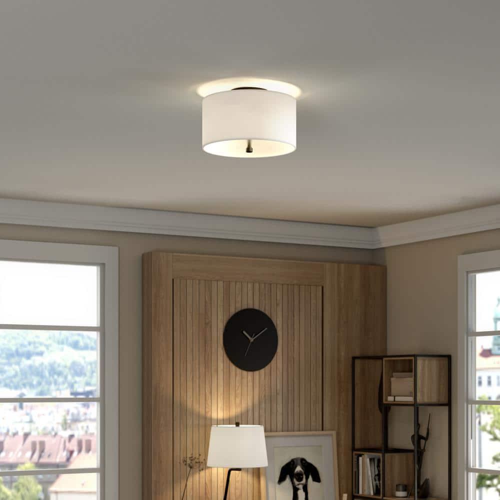 Evelyn&Zoe Ellis 12" Flush Mount with Fabric Shade in Matte Black/White