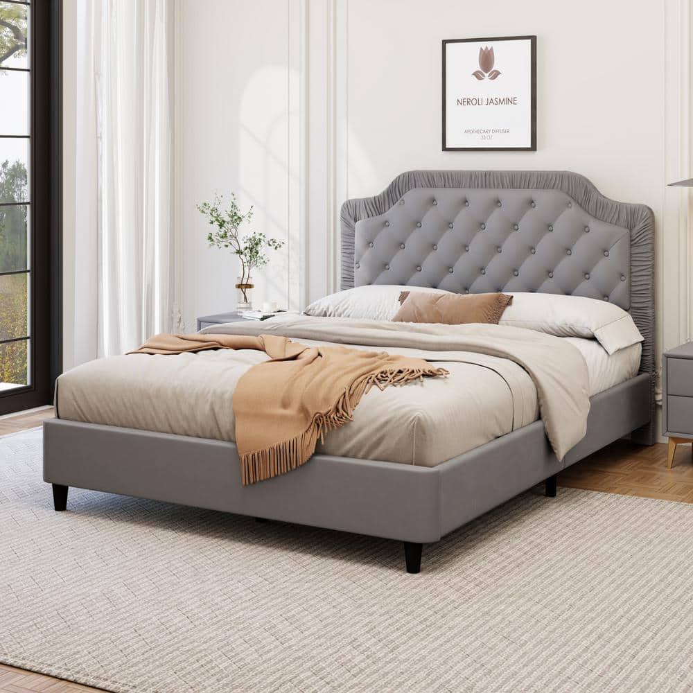 Gray Velvet Full Size Upholstered Bed with Tufted Headboard