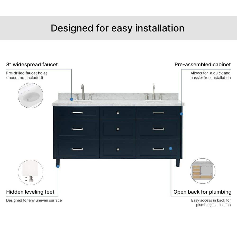 ARIEL Monrow 73 Double Sink Bathroom Vanity with Italian Carrara Marble Top