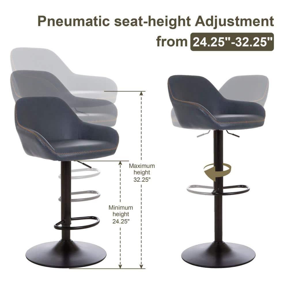 Glitzhome  42"H Mid-Century Adjustable Faux Leather Swivel Bar Stools Low Back Navy Blue Set of 2 Foam, Steel Faux Leather, Foam Footrest, Padded