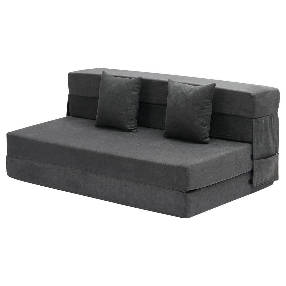 VEVOR Folding Sofa Bed, 3-in-1 Foldable Couch Bed with 2 Pillows and Washable Cover, 25D High Density Memory Foam Sleeper Chair Bed, Dark Grey(Queen)