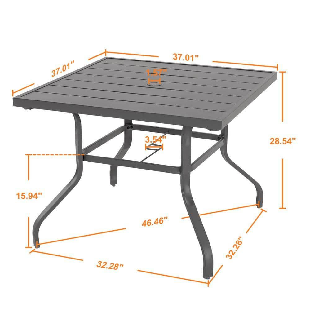 Nuu Garden 37" Outdoor Patio Table, 4 Person Steel Slat Square Dining Table with 1.57" Umbrella Hole, Slatted Top and Powder Coated Iron Frame, Gray