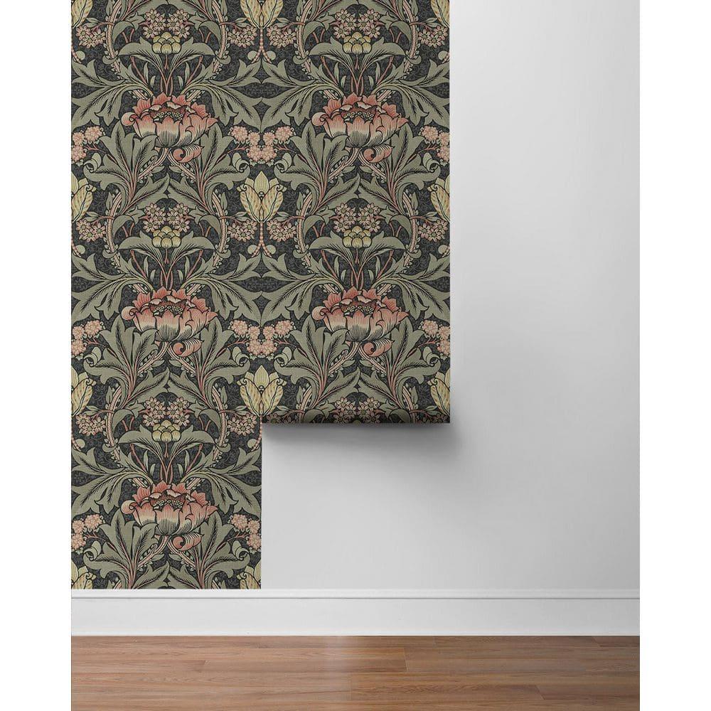 Charcoal and Rosewood Floral Vinyl-Coated Wallpaper Roll