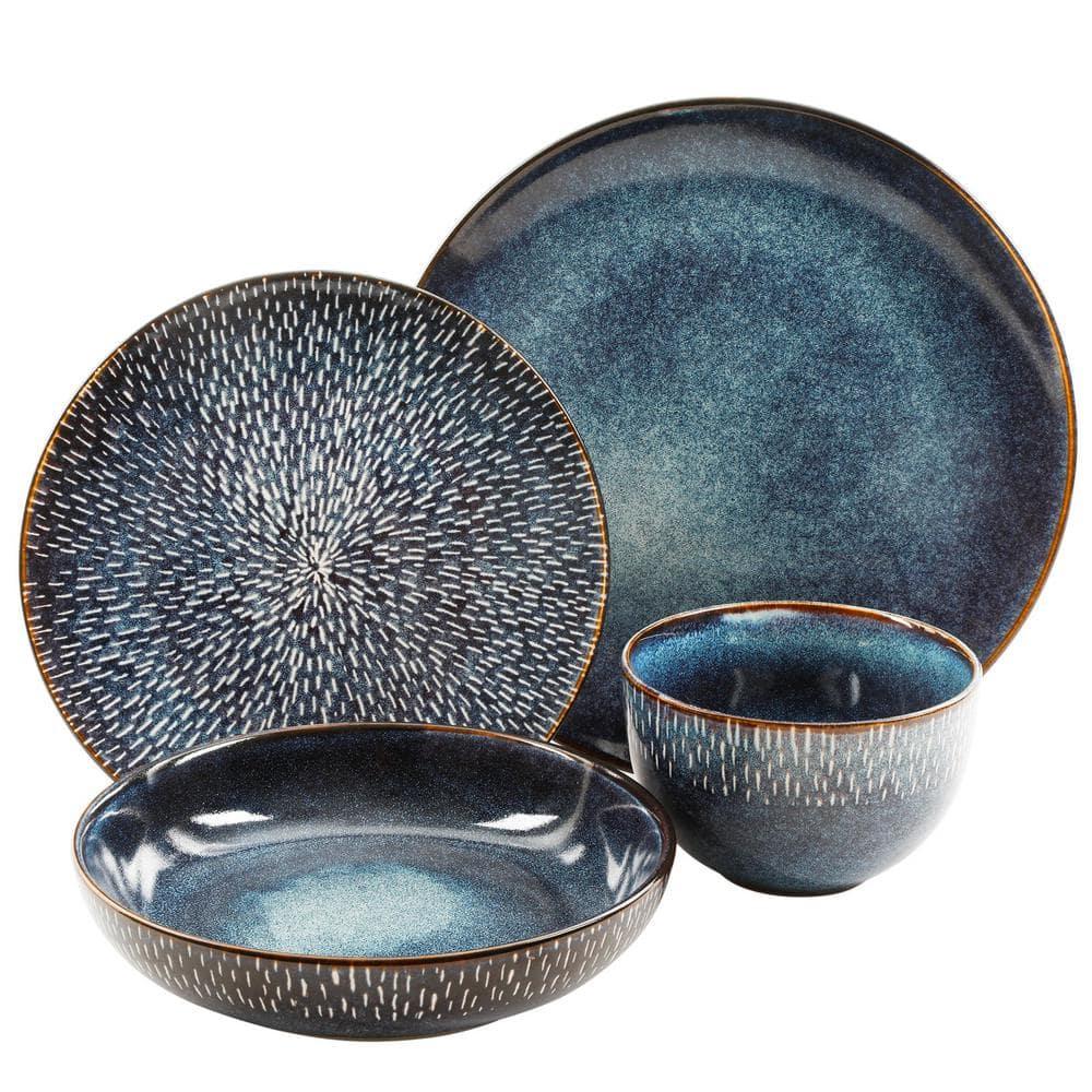 Gibson Elite 16pc Stoneware Matisse Double Bowl Dinnerware Set: Cobalt Blue, Microwave & Dishwasher-Safe Dish Set