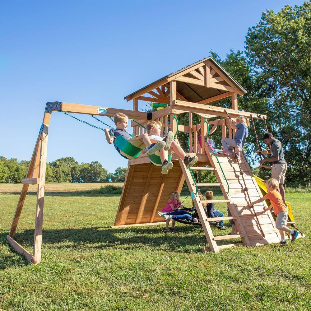 Backyard Discovery Endeavor Cedar Wood Swing Set, Slide, Play Deck, Rock Wall, Rope Ladder