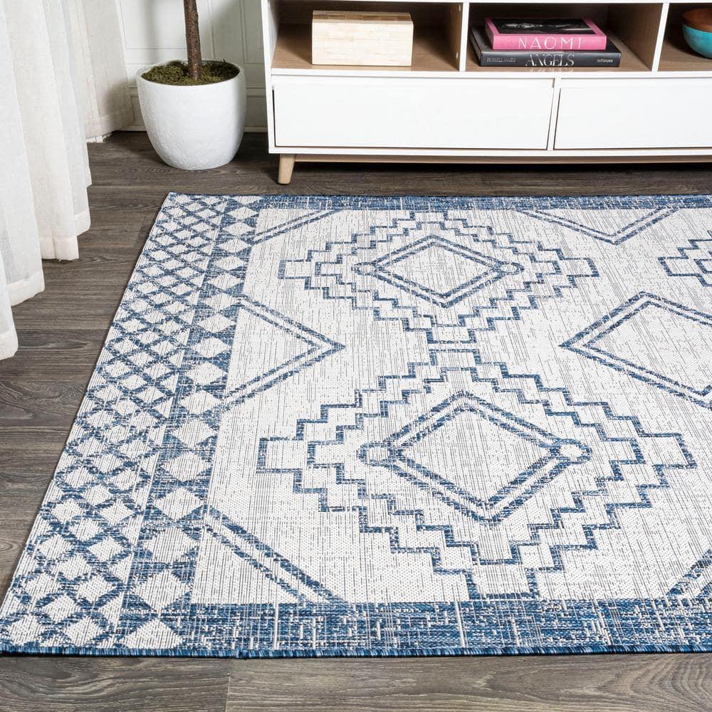 3'x5' Marokko Diamond  Medallion Indoor/Outdoor Area Rug, Ivory/Blue - JONATHAN Y