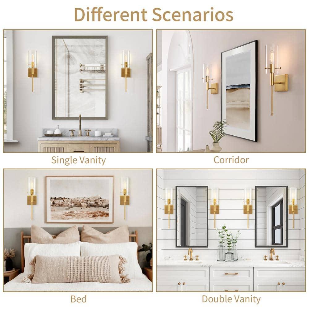 1-Light Gold Cylindrical Armed Sconce Set with Glass Shade (Set of 2)