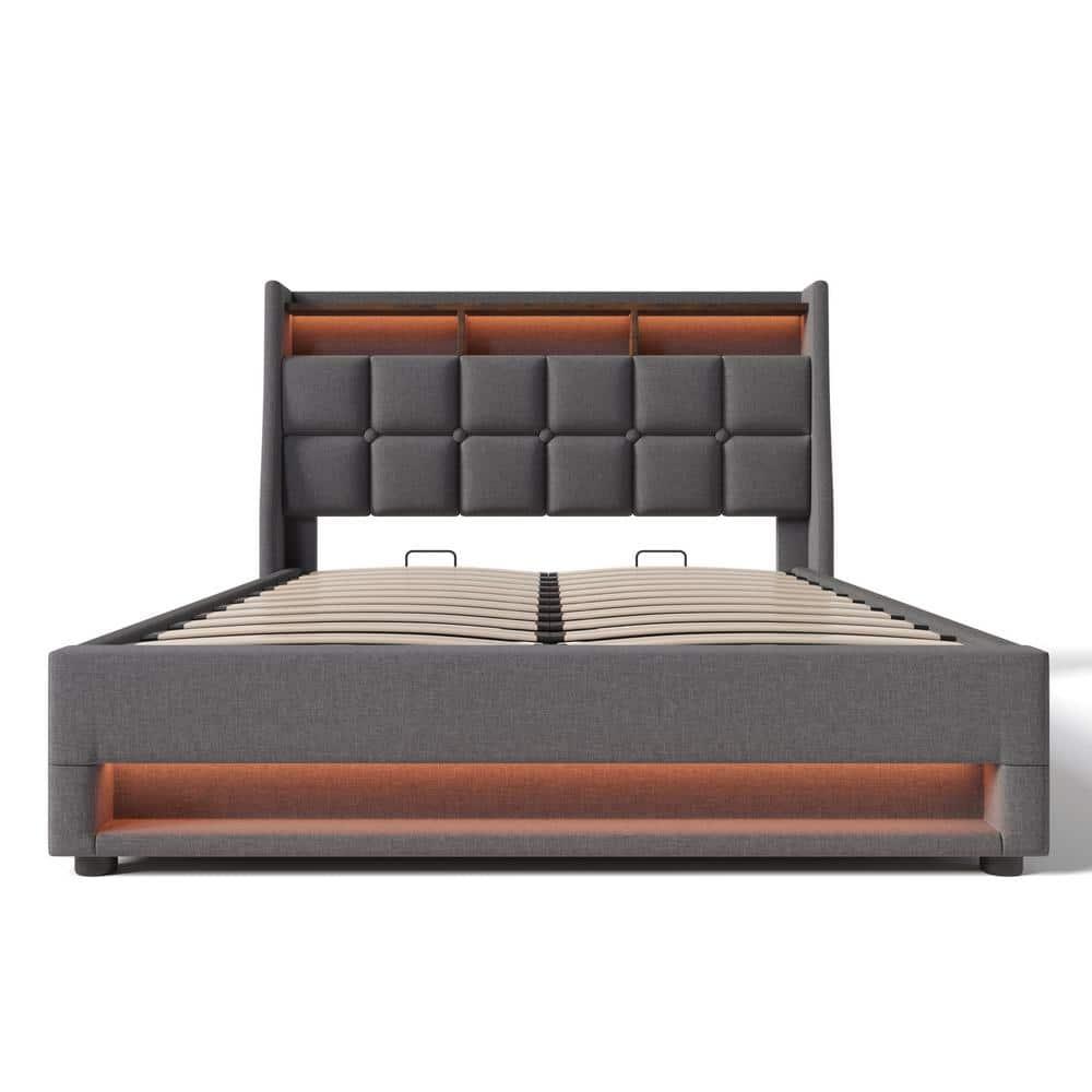 Gray Linen Upholstered Queen Platform Bed with LED Lights and Storage
